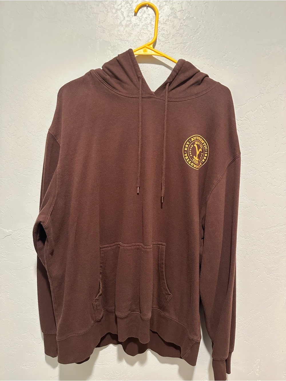 Men's Brown Crewneck Hoodie with Yellow Chest Emblem